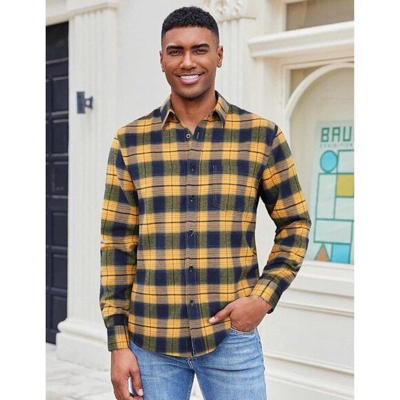 Navy Yellow Men Flannel  Long Sleeve Plaid  Button Up Shirt Jacket - Picture 3 of 4
